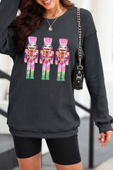 Pink Nutcracker Graphic Sequins Patch Mineral Wash Corded Sweatshirt
