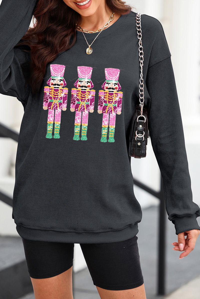 Pink Nutcracker Graphic Sequins Patch Mineral Wash Corded Sweatshirt