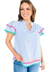 Wholesale Sky Blue Striped Ricrac Splicing Frill V-Neck Blouse