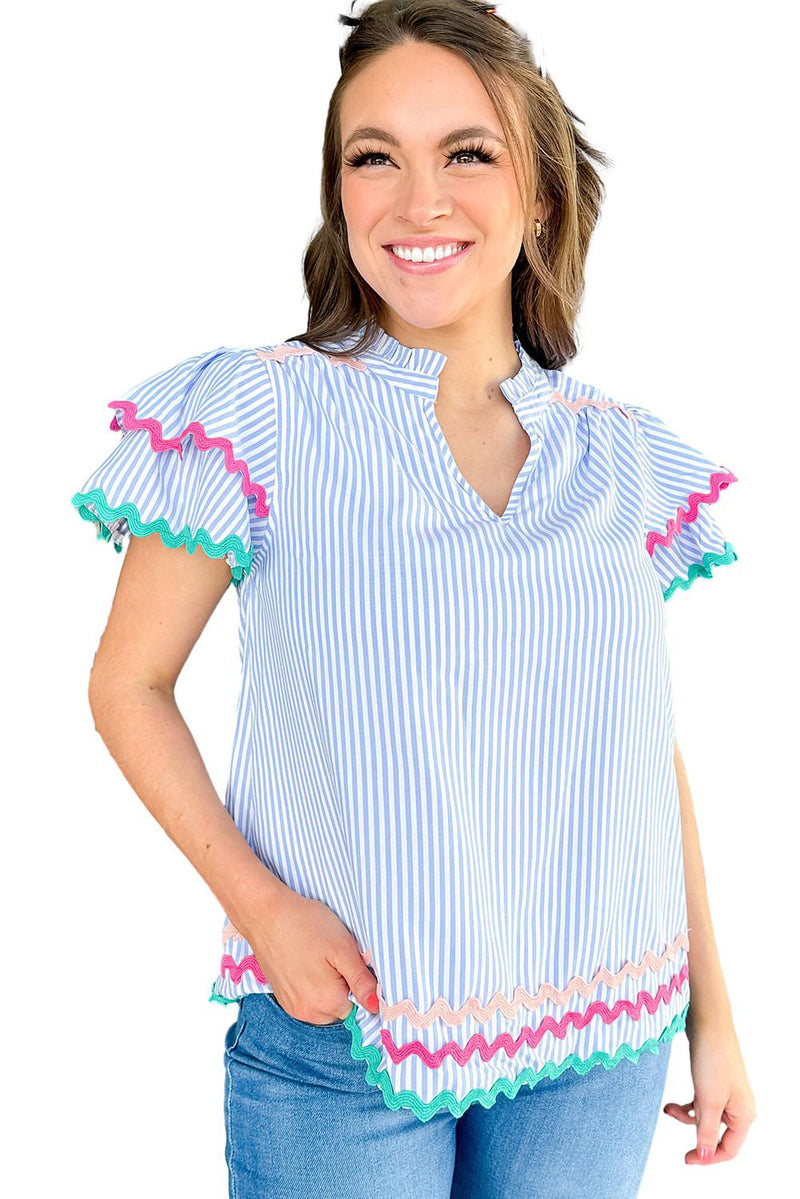 Wholesale Sky Blue Striped Ricrac Splicing Frill V-Neck Blouse
