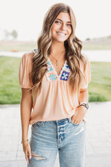 Pale Chestnut Floral Crochet V Neck Crinkled Blouse