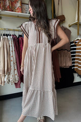 Black Stripe Double Ruffled Short Sleeve Contrast Trim V Neck Midi Dress