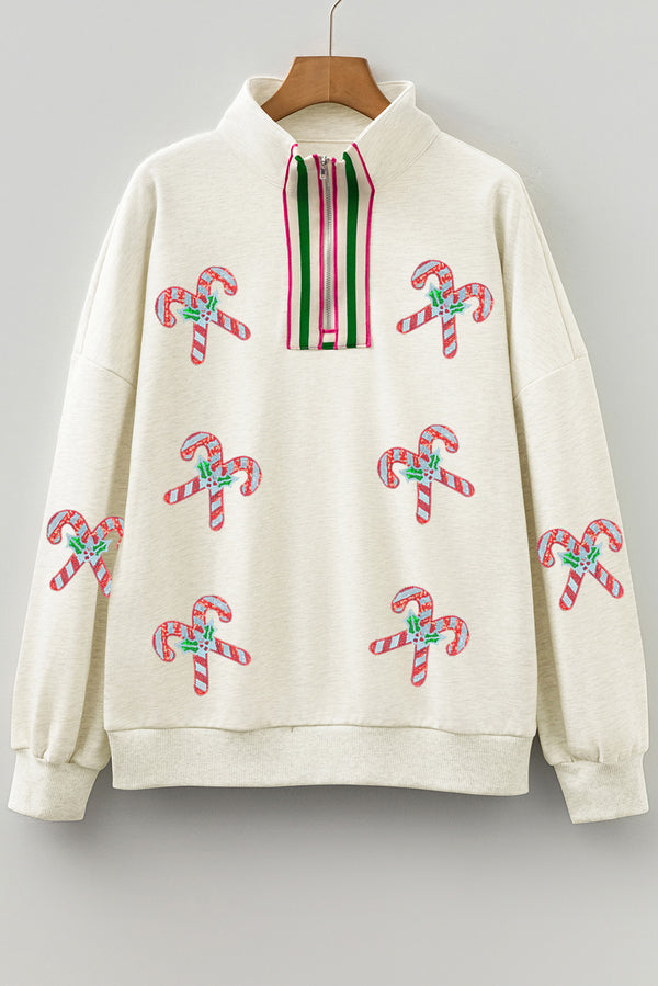 Light Grey Sequin Candy Canes Contrast Collar Patchwork Loose Sweatshirt