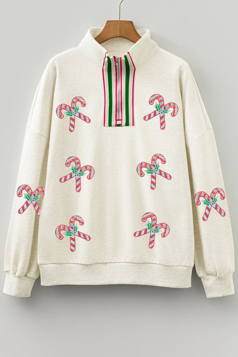 Light Grey Sequin Candy Canes Contrast Collar Patchwork Loose Sweatshirt