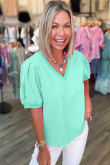 Turquoise Solid Color V Neck Short Puff Sleeve Blouse