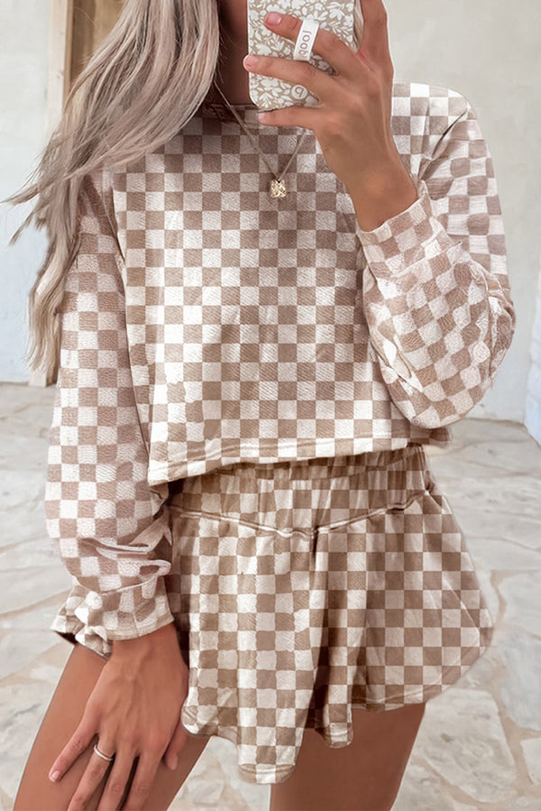 Khaki Checkered Long Sleeve Crop Top High Waist Skort 2pcs Set