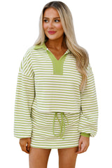 Pink Stripe Collared V Neck Drop Shoulder Pullover and Skirt Set