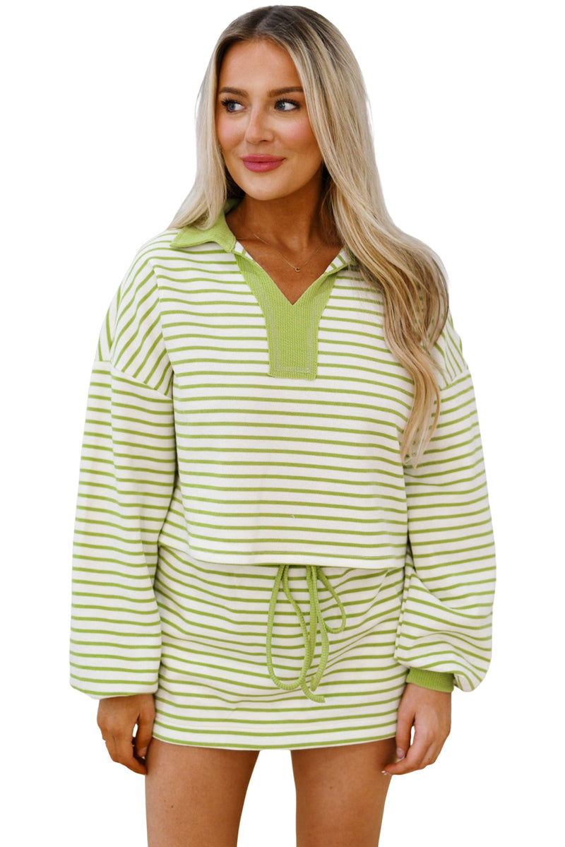 Pink Stripe Collared V Neck Drop Shoulder Pullover and Skirt Set