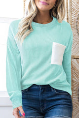 Iceland Blue Corded Rib Patched Pocket Long Sleeve Top