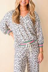 Gray Leopard Contrast Trim Long Sleeve Pullover and Pants Set