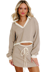 Parchment Raw Edge Detail Patchwork Cropped Pullover Drawstring Skirt Set
