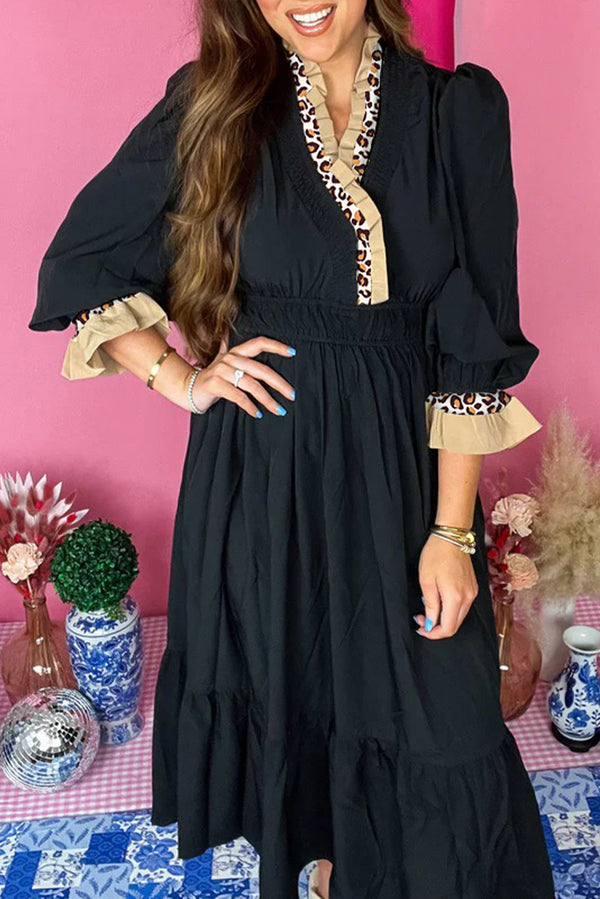 Black Leopard Contrast Color Ruffle Bracelet Sleeve Midi Dress