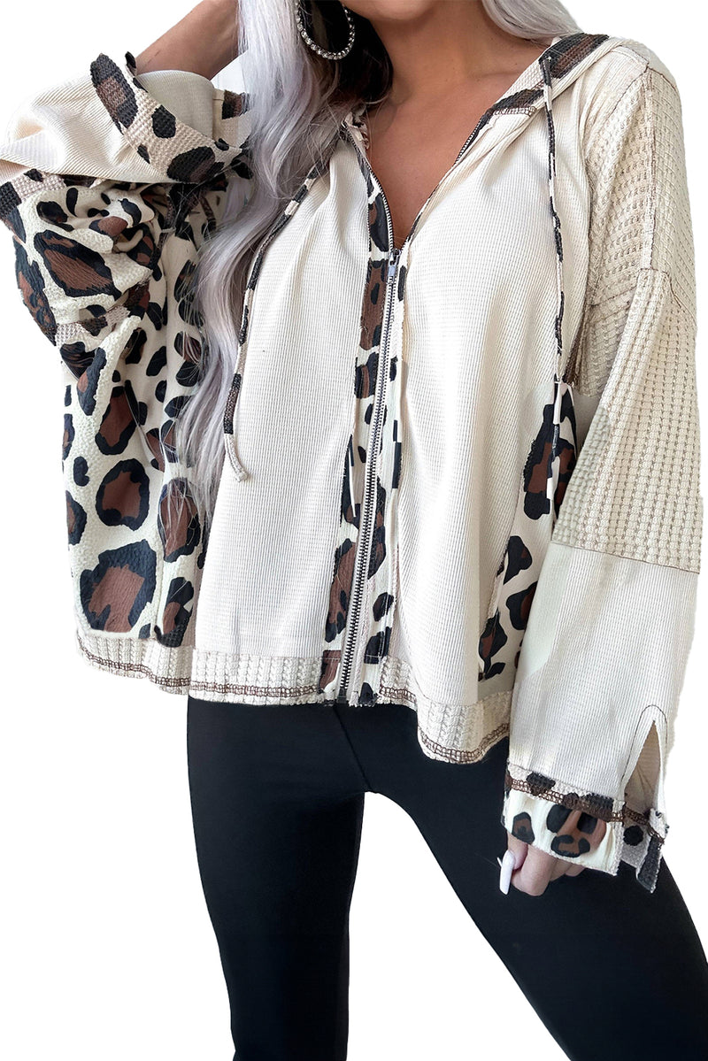 Apricot Leopard Mixed Texture Patchwork Zip Up Drop Shoulder Hoodie
