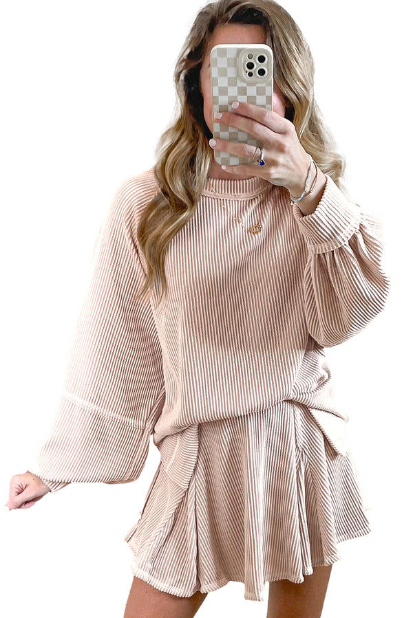 Jet Stream Corded Lantern Sleeve Pullover and Ruffle Mini Skirt Set