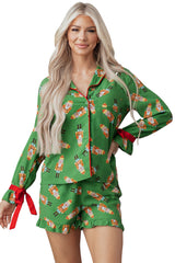 Green Christmas Candy Contrast Trim Bow Knot Silky 2pcs Pajama Set