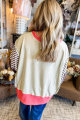 White Color Block Striped Patchwork Dolman Slit Sweatshirt