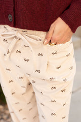 Apricot Bow Print Drawstring Elastic Waist Loose Corduroy Pants