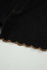 Navy Blue Embroidered Scalloped Trim Relaxed Denim Shorts