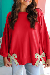 Fiery Red Floral Bow Patched Exposed Seam Patchwork Slit Baggy Sweatshirt