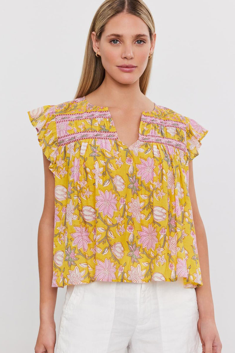 Yellow Floral Ruffle Shoulder V Neck Flowy Blouse