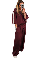 Burgundy Varsity Striped 3/4 Sleeve Pullover Drawstring Sweatpants Set