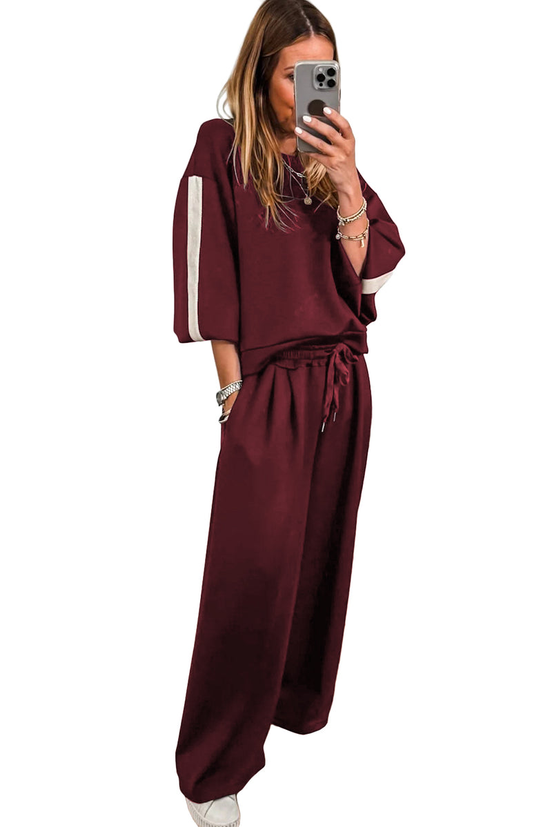 Burgundy Varsity Striped 3/4 Sleeve Pullover Drawstring Sweatpants Set