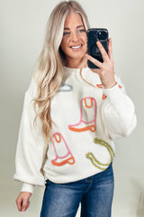 White Tinsel Boots Horseshoe Star Pattern Knit Sweater