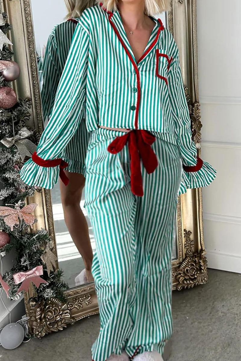 Red Striped Contrast Velvet Trim Knot Waist Pajama Set