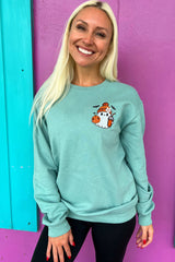 Aruba Blue Cute Halloween Ghost Embroidered Sweatshirt