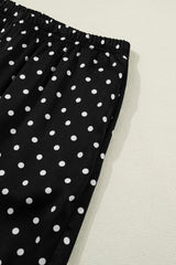 Black Polka Dot Print Elastic Waist Lace Hem Loose Pants