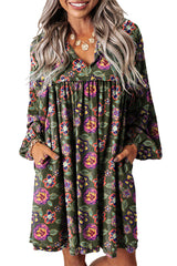 Green Floral Print Split Neck Bubble Sleeve Mini Dress