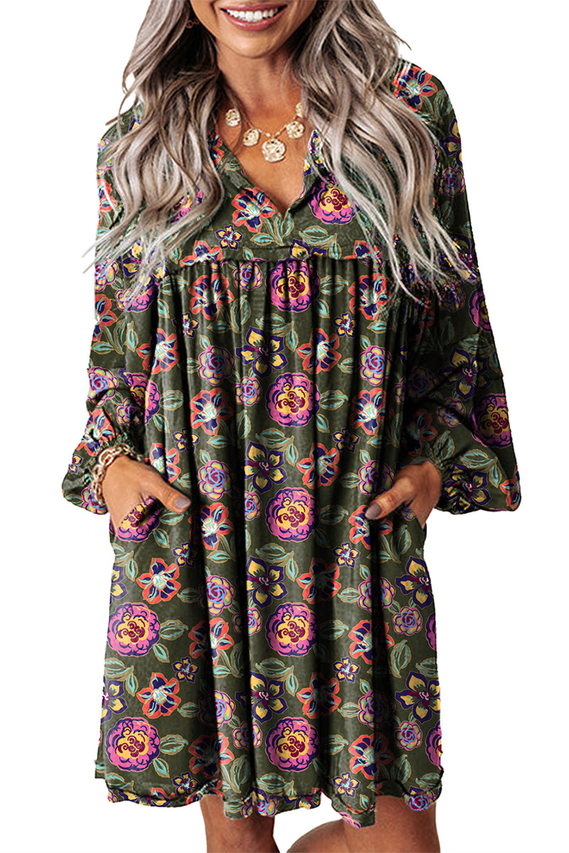 Green Floral Print Split Neck Bubble Sleeve Mini Dress