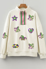 Light Grey Mardi Gras Elements Sequin Patched Striped Patchwork Zip Neck Pullover Sweatshirt
