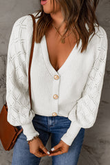 White V Neck Button Bishop Sleeve Knit Cardigan
