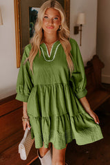 Jungle Green Contrast Stitched V Neck 3/4 Sleeve Swing Mini Dress