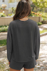 Carbon Grey Twisted Ribbed  Thankful Letter Sequins Patch Bow Sleeve Top and Shorts Set