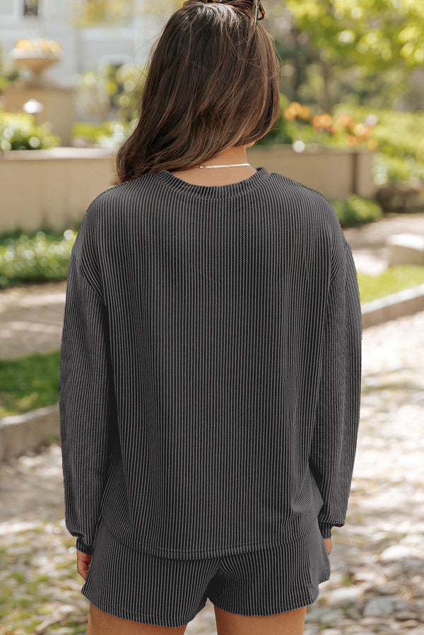 Carbon Grey Twisted Ribbed  Thankful Letter Sequins Patch Bow Sleeve Top and Shorts Set