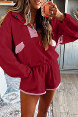Black Colorblock Patchwork Half Button Pullover and Shorts Outfit