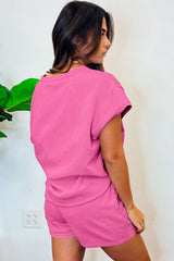 Strawberry Pink 2Pcs Solid Textured Drawstring Shorts Set