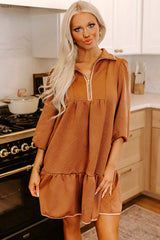 Desert Gold  Quarter Zip Collar Bracelet Sleeve Textured Mini Dress