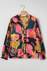 Black Floral Print Smocked Cuffs Puff Sleeve V Neck Blouse