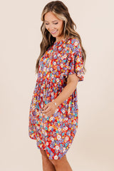 Red Flower Print Frill Waist Plus Size Mini Dress