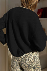 Black Leopard Bow Decor Split Cuffs Contrast Trim Sweater