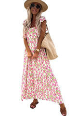 Pink Floral Print Square Neck Ruffled Strap Maxi Dress