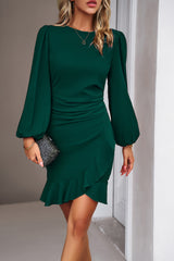 Black Solid Color Puff Sleeve Ruffle Mini Dress
