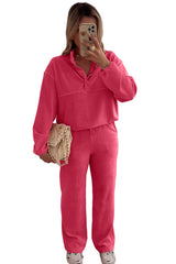 Peach Blossom Half Button Pullover Drawstring Pants Corduroy Set