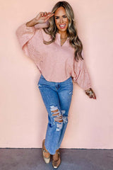 Light Pink Notch V Neck Batwing Sleeve Patchwork Blouse