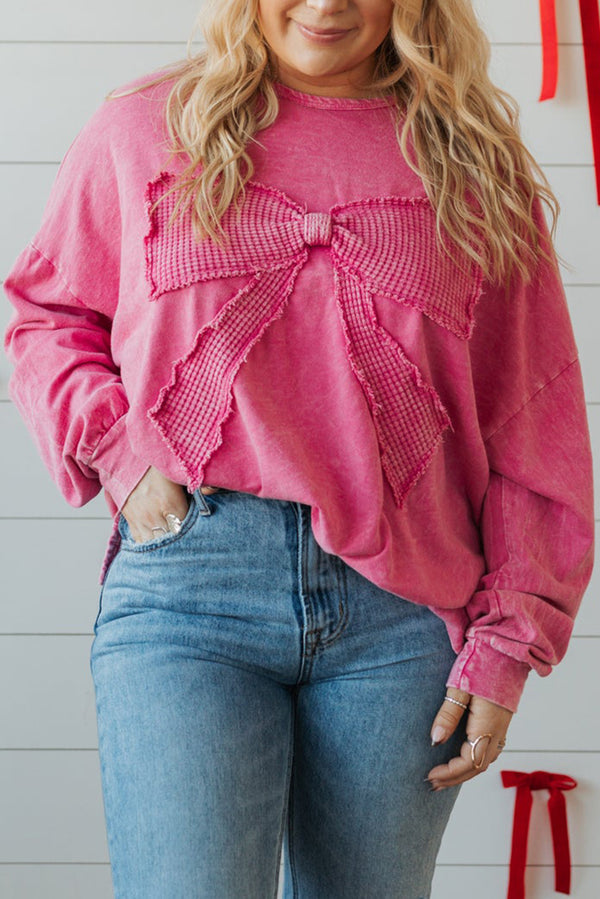 Bonbon Waffle Bowknot Patchwork Mineral Wash Plus Size Top