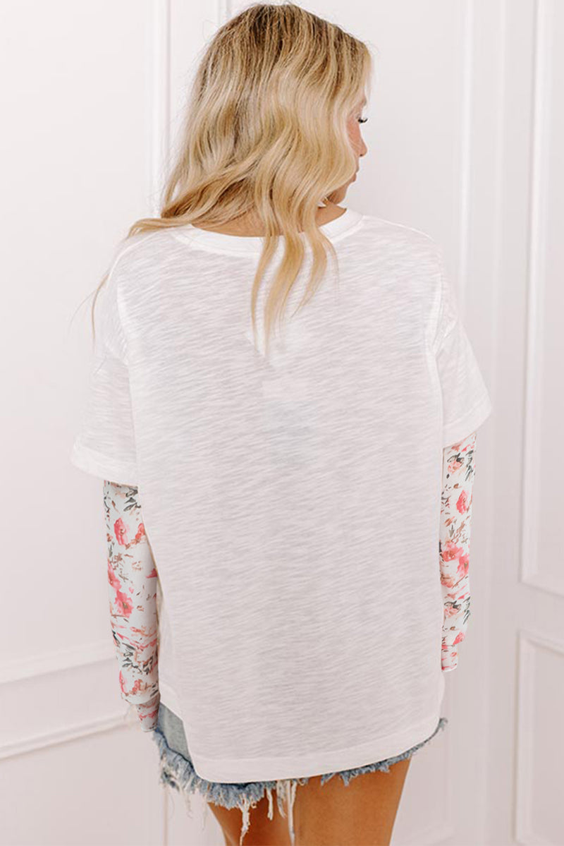 White Floral Mesh Patchwork Sleeve Fake Two-Piece Top