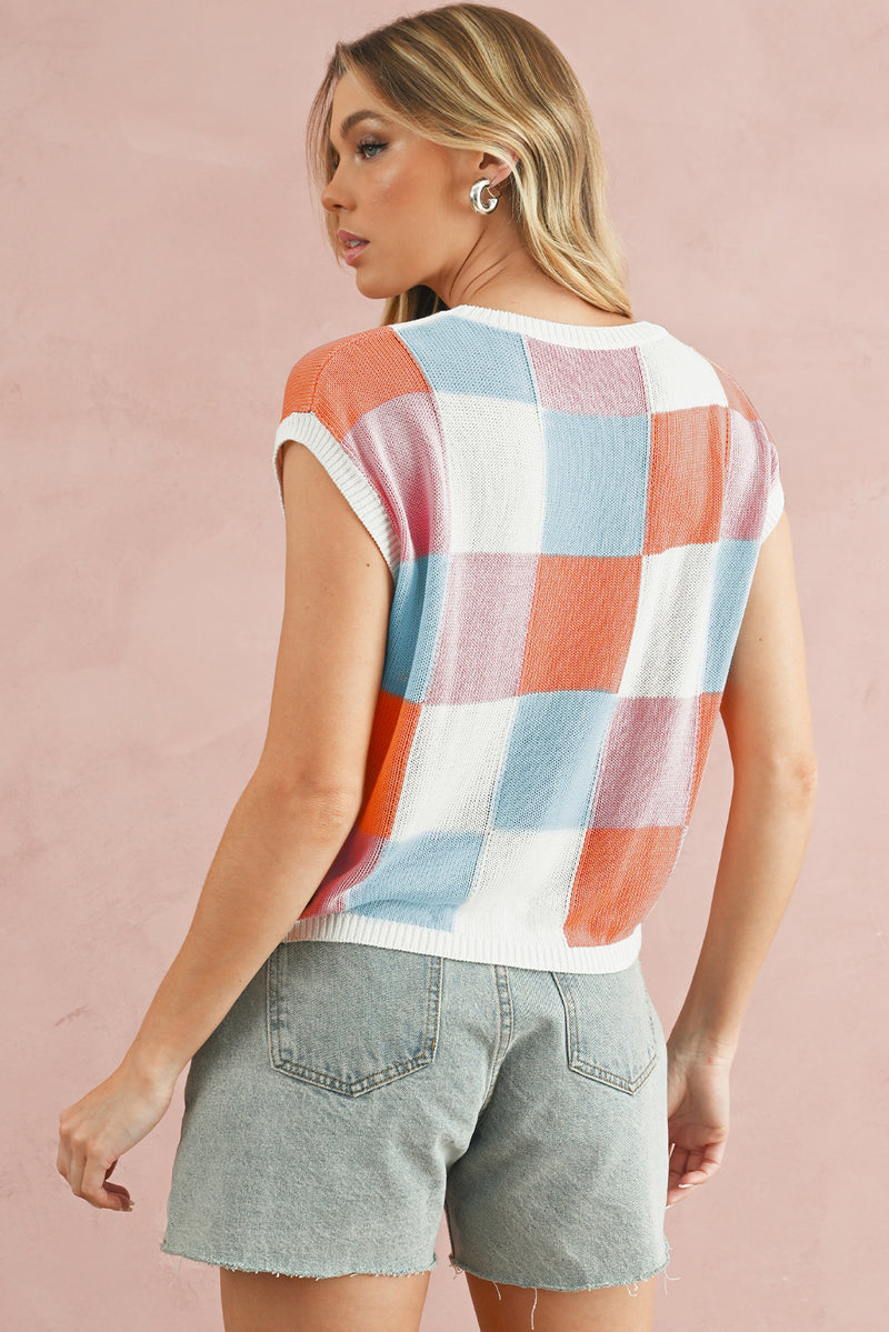 Fiery Red Checkered Color Block Cap Sleeve Knitted Top